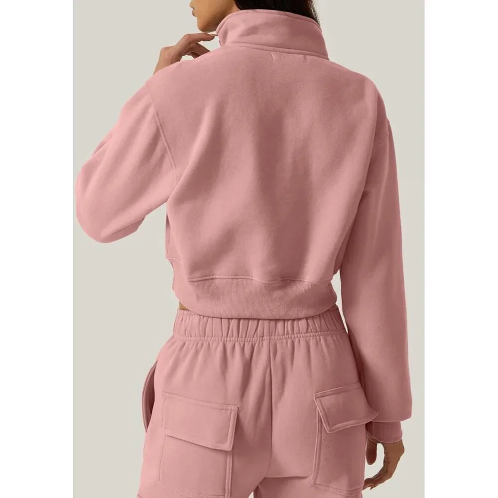 Womens Crop Sweatshirt Half Zip High Neck Long Sleeve Fleece Top